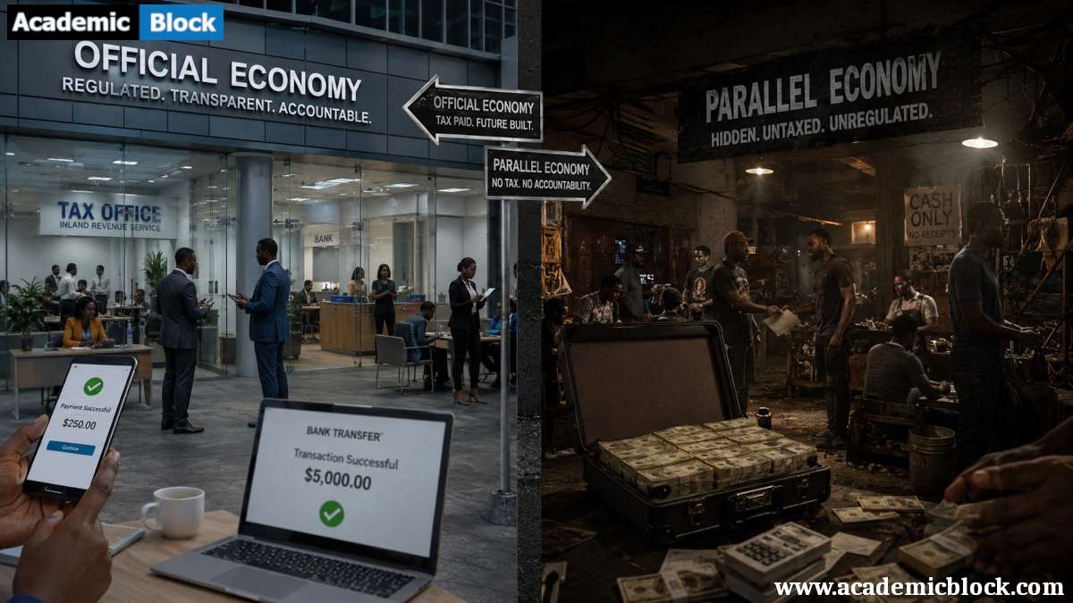 Parallel economy concept showing formal banking activities contrasted with hidden cash-based transactions.
