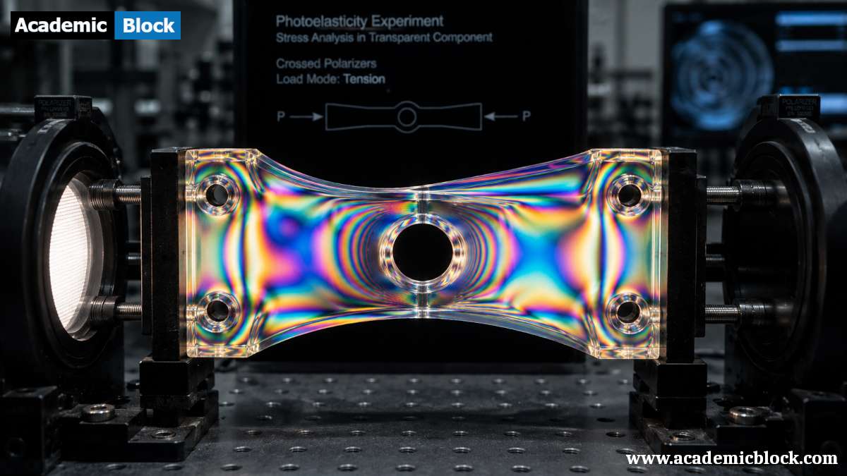 A transparent specimen under load showing vibrant photoelastic stress fringes through crossed polarizers in a precision laboratory setup.