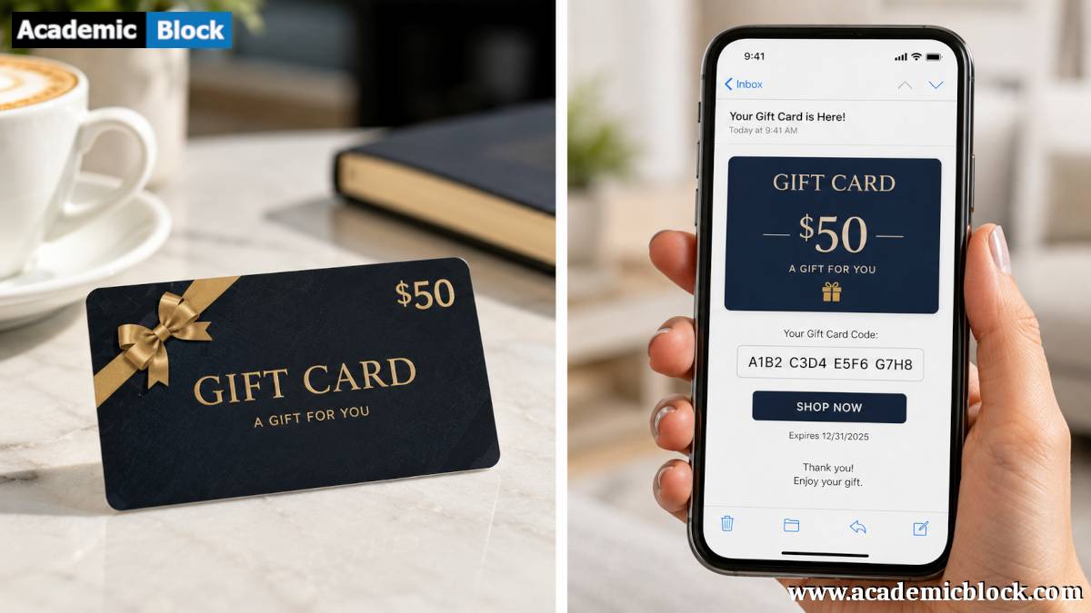 A split-screen comparison of a physical gift card and a digital gift card on a smartphone.