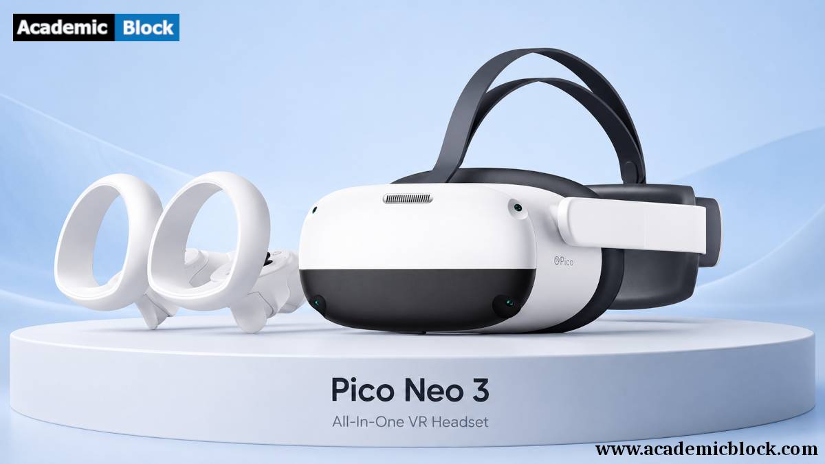 Image of a Pico Neo 3 VR headset and controllers displayed on a modern pedestal against a soft light-blue gradient background.
