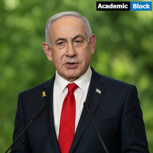 Image shows Benjamin Netanyahu speaking at a podium, talking about Israel and Iran Exchange Strikes for First Time Since Ceasefire with serious expression.