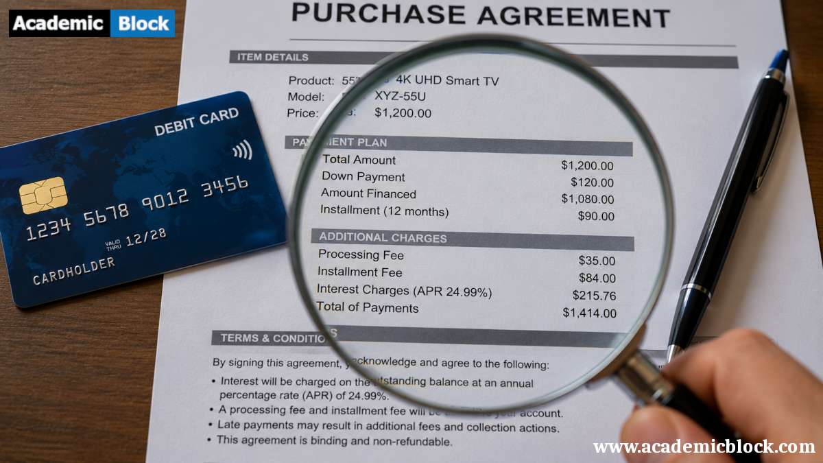 A close-up of a debit card and installment agreement highlights hidden fees, interest charges, and fine-print terms associated with installment purchases.