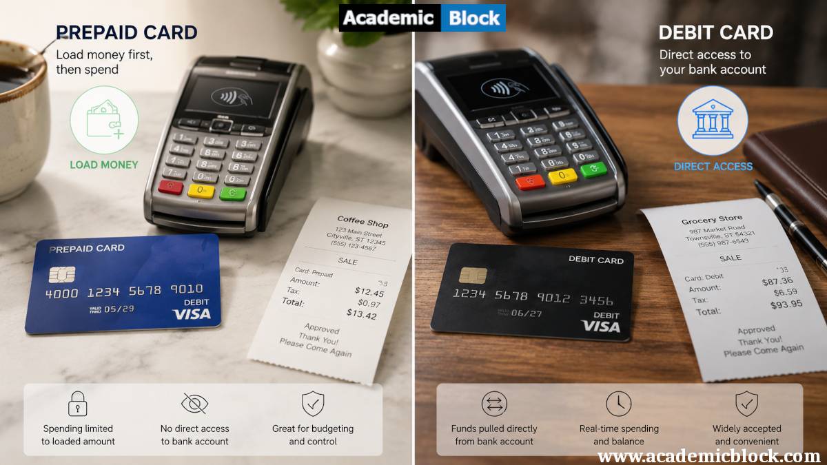 A split-screen comparison of prepaid and debit cards beside payment terminals and receipts, showing the difference between loaded funds and direct bank access.