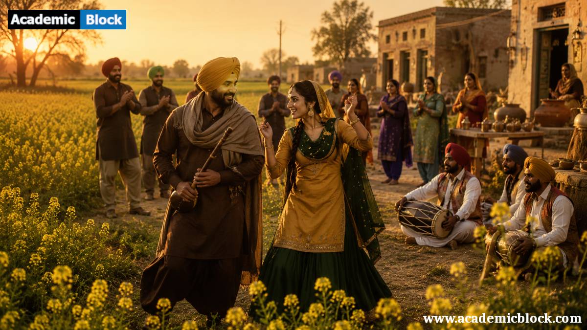 Actors in traditional Punjabi attire perform in a rural village mustard field, capturing the vibrant culture and cinematic spirit of Punjabi cinema.