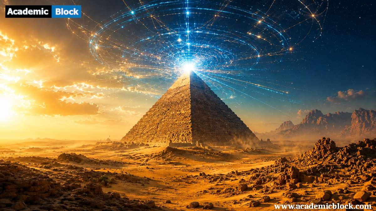A pyramid rises from a sunlit desert, emitting blue and gold energy patterns from its apex, surrounded by atmospheric dust and a dramatic cinematic landscape.