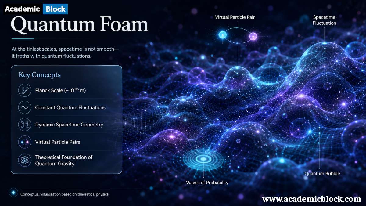 Infographic showing quantum foam with fluctuating spacetime bubbles, wave patterns, and quantum particles.
