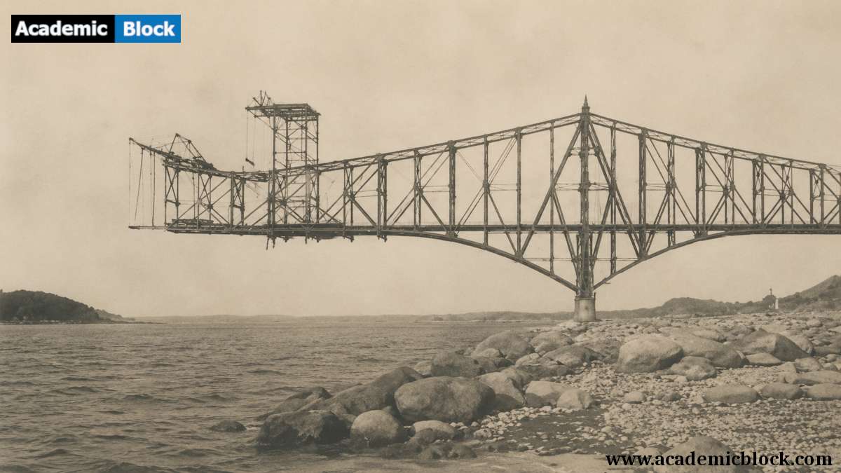 Illustration of the Quebec Bridge Collapse, showing the damaged steel cantilever bridge spanning a river with a rocky shoreline in the foreground.