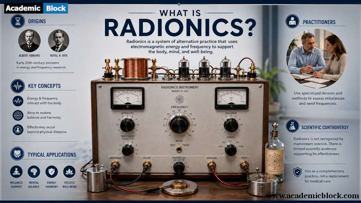 Educational infographic explaining Radionics, featuring a detailed radionics device with key concepts, applications, practitioners, and scientific controversy.