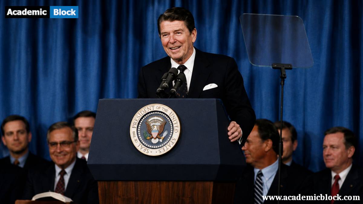 Ronald Reagan delivers a Cold War-era speech from a presidential podium, addressing an audience during a formal public event.