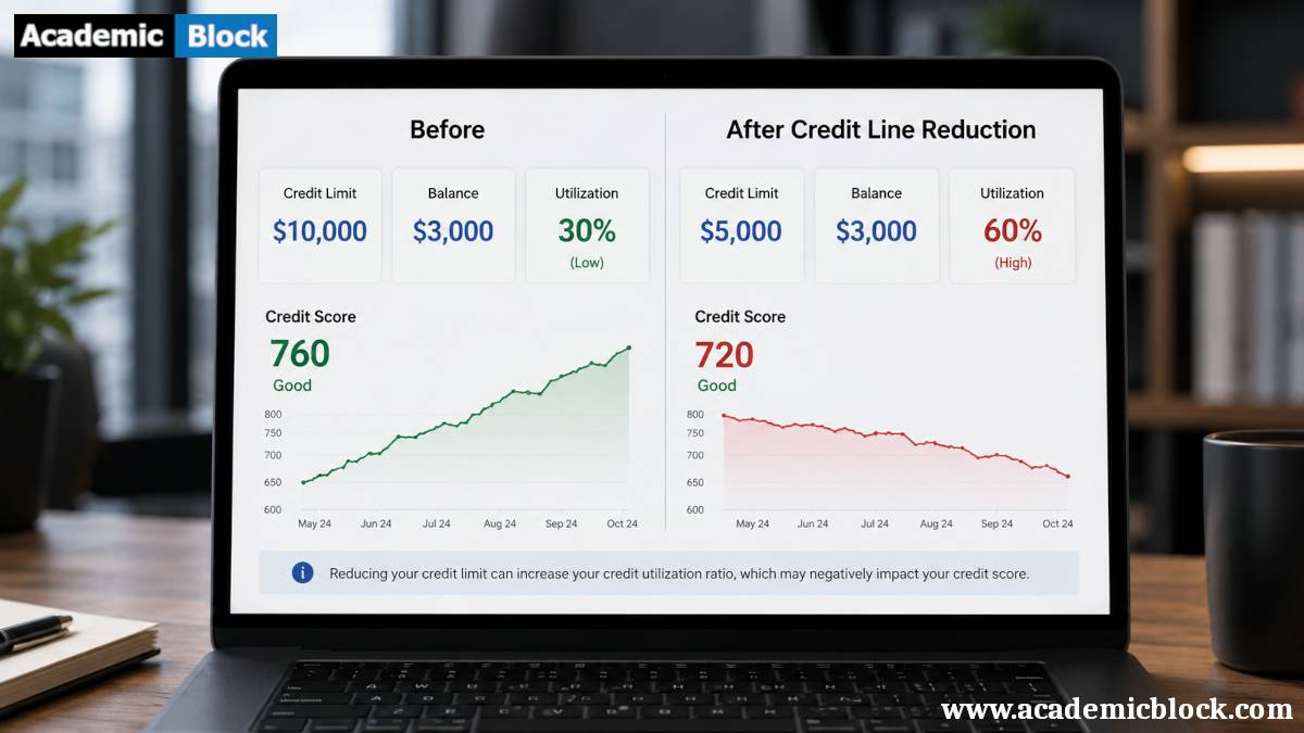 A laptop screen shows a split-screen credit score comparison, with “Before” on the left and “After Credit Line Reduction” on the right, in a modern office setting.