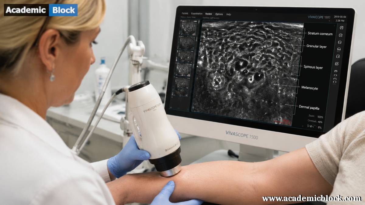 Dermatology clinic scene where a clinician uses a handheld reflectance confocal microscopy device on a patient’s forearm while a monitor displays grayscale, cellular-level skin structures.