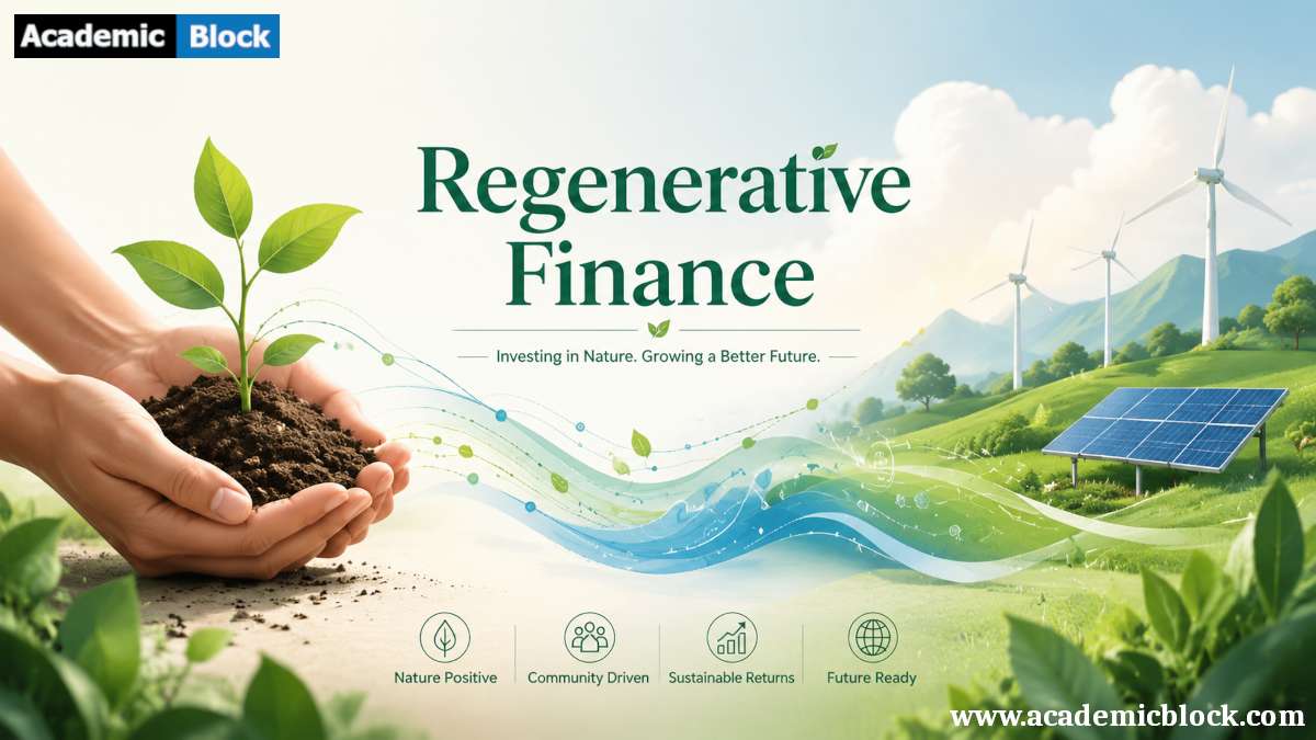 A banner titled “Regenerative Finance” showing hands nurturing a seedling, with flowing water, wind turbines, and solar panels symbolizing sustainable growth and renewable energy.