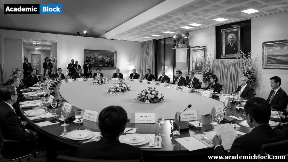 Image of international delegates meeting around a large conference table in a formal summit setting.