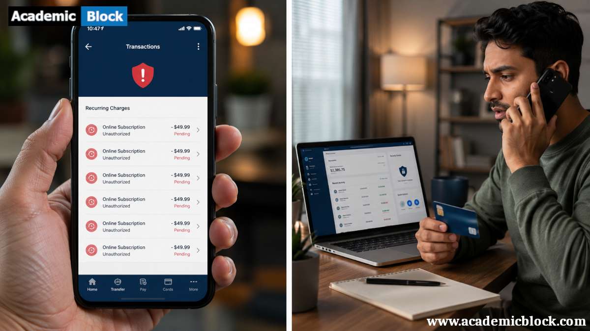 Split-screen illustration of recurring debit card payment fraud, showing unauthorized transactions on a banking app and a customer contacting bank support.