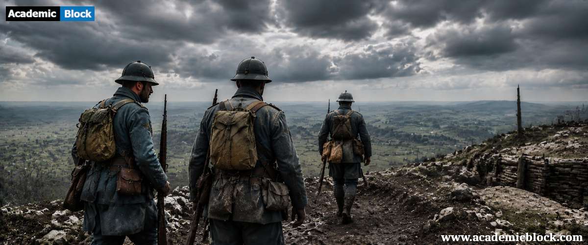 Three French soldiers in Adrian helmets walk across a muddy ridge at Chemin des Dames, overlooking the valley below during the Second Battle of the Aisne, 1917, under a cloudy sky.