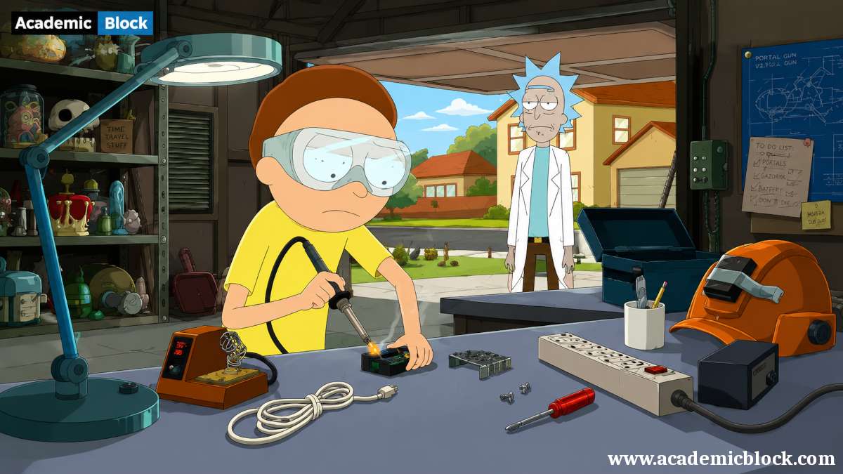 Illustration featuring characters from the animated series Rick and Morty inside a cluttered garage workshop.