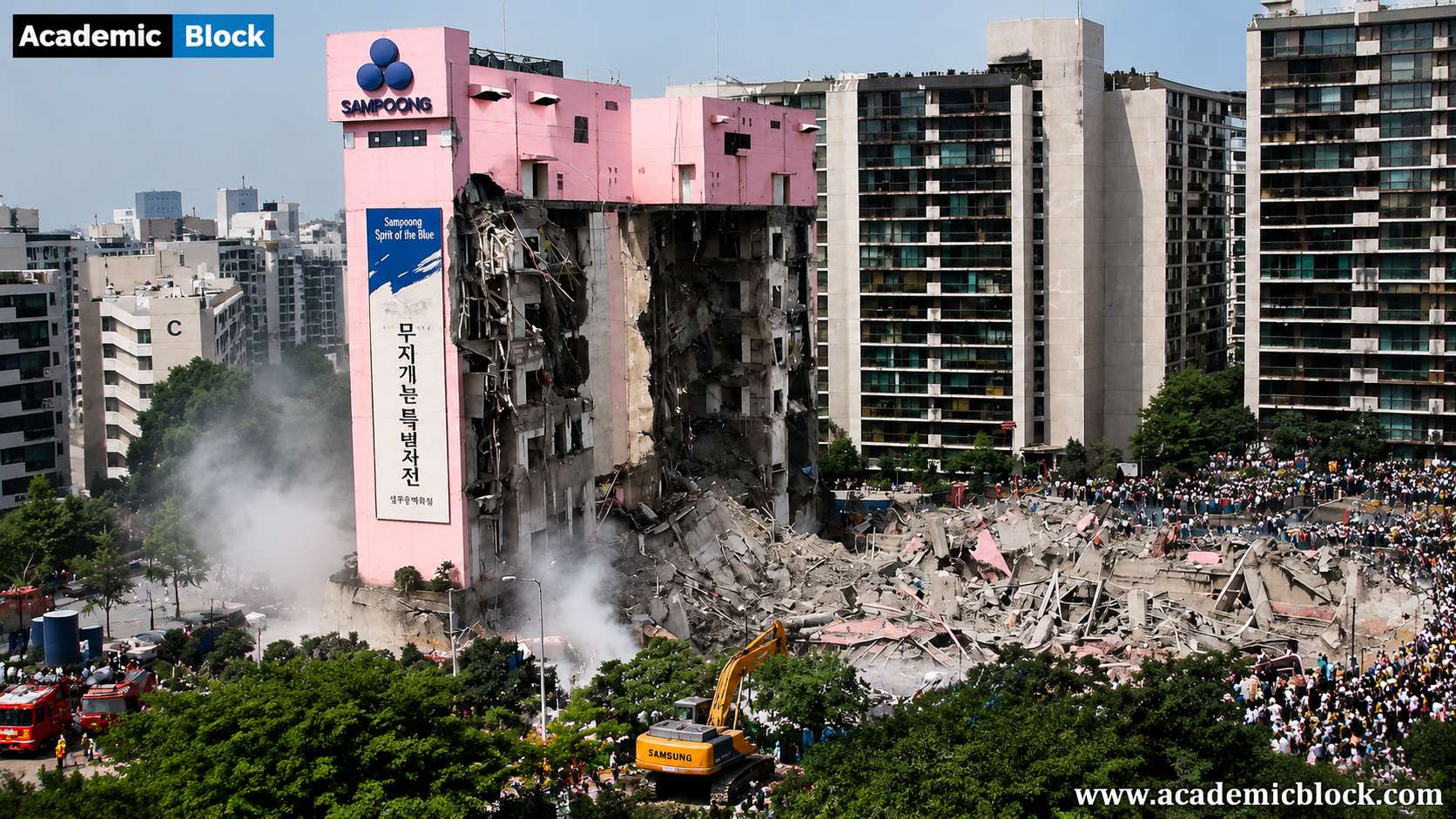 Aftermath of the Sampoong Department Store collapse, showing the damaged pink building surrounded by rubble, smoke, and rescue efforts in a dense urban area.