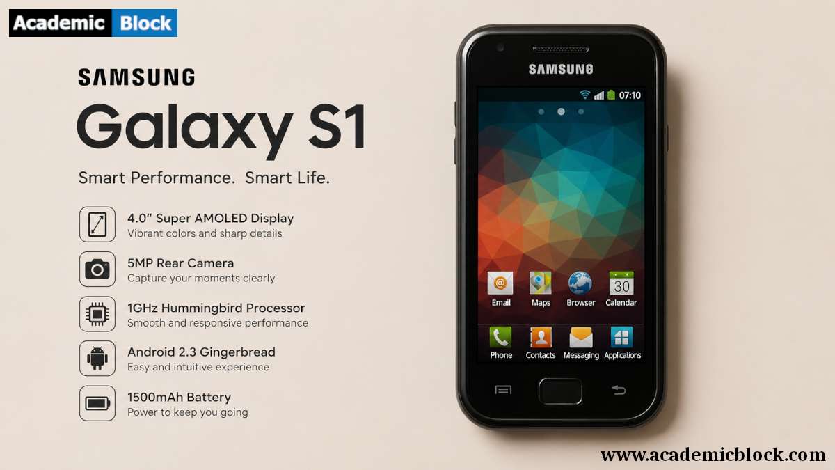 Image shows Samsung Galaxy S1 banner featuring the smartphone on a clean beige background, with bold branding, colorful screen graphics, and key feature highlights in a modern widescreen layout.