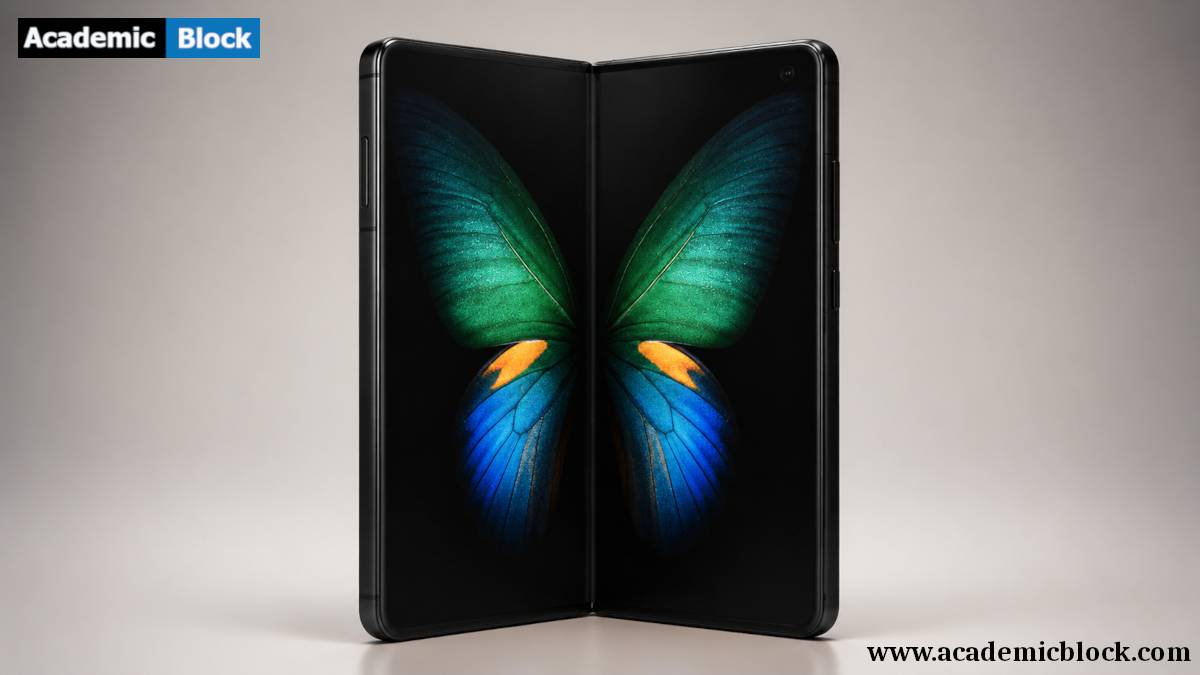 Samsung Galaxy Z Fold 1 smartphone displayed open in a studio setting, showing a vibrant butterfly-wing wallpaper across its dual-screen display.