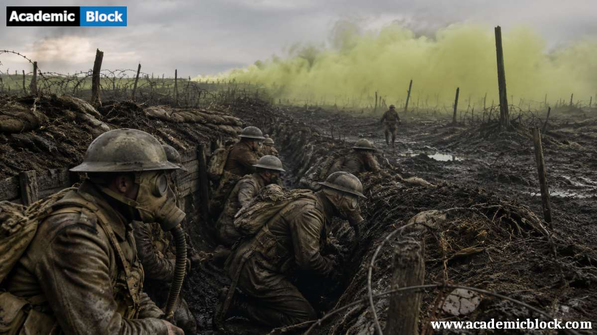 WWI trench soldiers in gas masks facing a green gas cloud across a devastated battlefield.