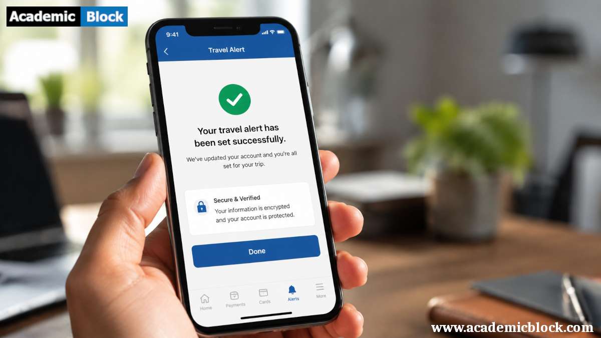 A hand holding a smartphone displaying a banking “Travel Alert” success screen with a secure lock icon and confirmation message, set against a softly blurred modern office background.