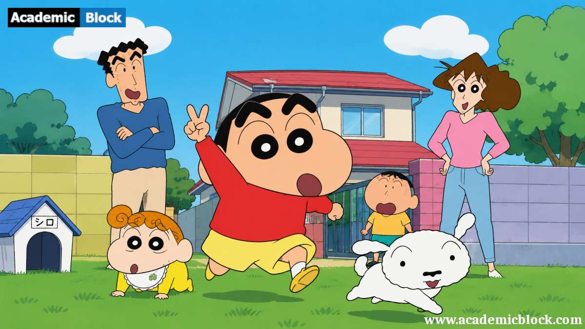 Shinchan joyfully plays outdoors with his family and pet in a colorful, cheerful animated scene.