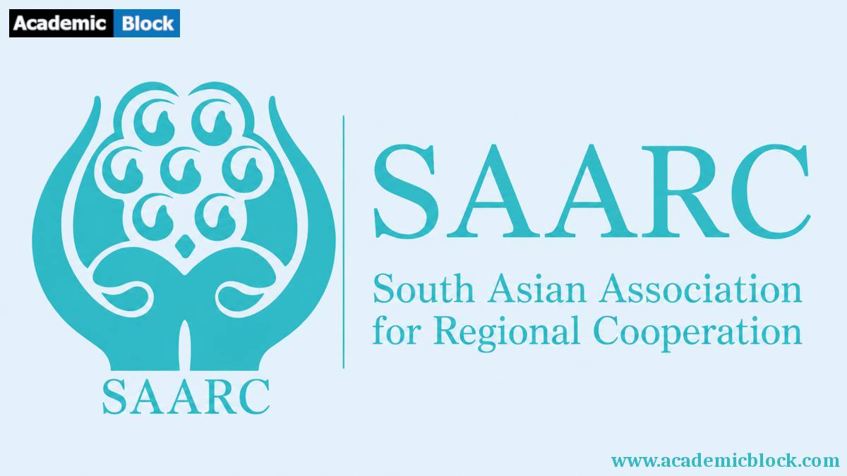 A clean SAARC logo with a teal emblem and serif text on a soft pale blue background.