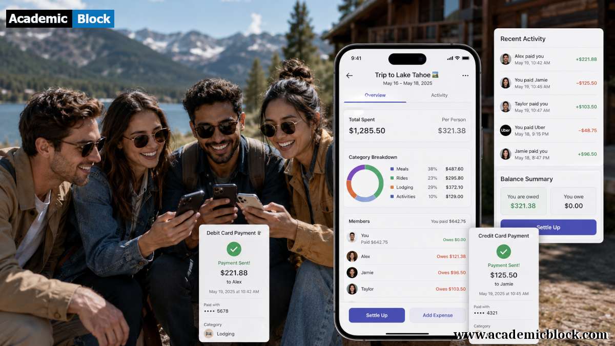 Friends outdoors reviewing shared trip expenses on a mobile app, with payment summaries and budget charts visible.