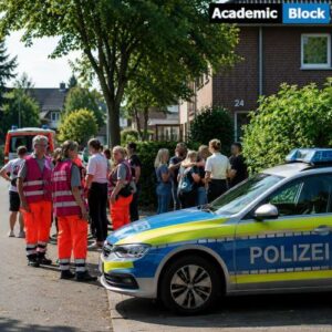 Image Showing German police and emergency responders gather outside a shelter after the deadly Stade shooting.