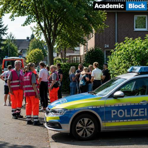 Image Showing German police and emergency responders gather outside a shelter after the deadly Stade shooting.