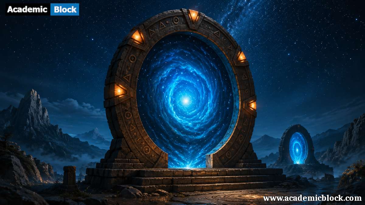 Ancient stone stargates opening into glowing blue cosmic portals under a starry night sky.