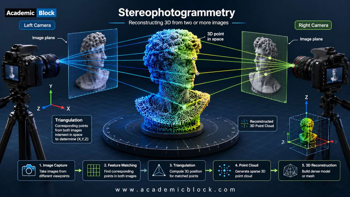 A technical illustration of stereophotogrammetry with two cameras capturing a 3D object and reconstructing it as a central point cloud using matched projection lines.