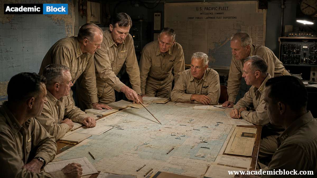Image of World War II command room showing U.S. Navy officers planning the Battle of Midway, studying Pacific maps, intelligence reports, and fleet movements under authentic wartime conditions.
