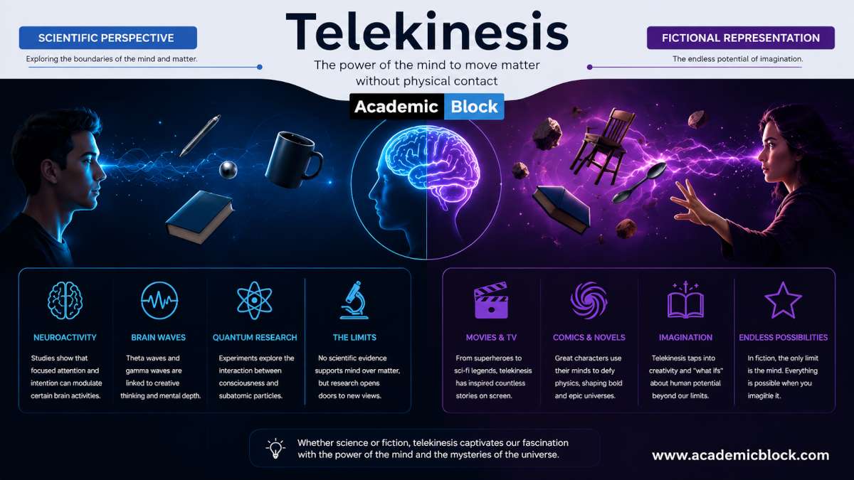 Image shows telekinesis, comparing the scientific perspective of brain-controlled movement with fictional portrayals of moving objects using mental powers. Blue tones represent science, while purple tones highlight imagination.
