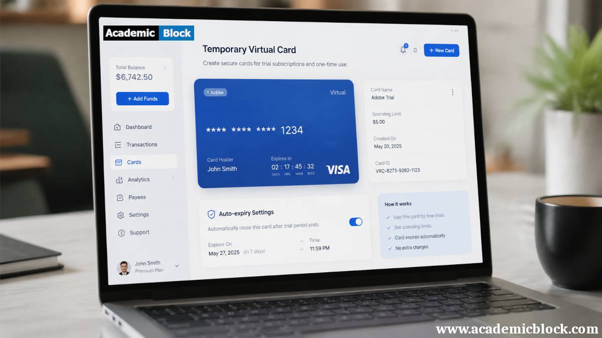 A fintech dashboard on a laptop displaying a “Temporary Virtual Card” feature with a masked virtual card number, expiry timer, and auto-expiry settings for trial subscriptions.