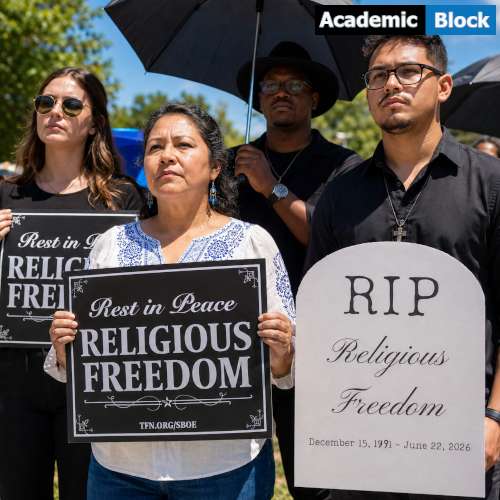 The image shows demonstrators holding funeral-themed protest signs and tombstone replicas outside the Barbara Jordan State Office Building in Austin, Texas.
