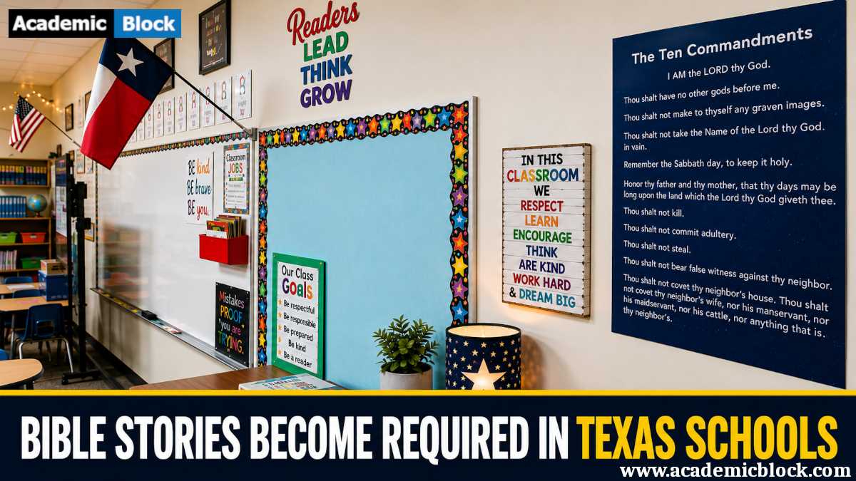 Image shows the classroom of Texas with educational displays, a Texas flag illustrating the debate over religion and Bible-related content in public school education.