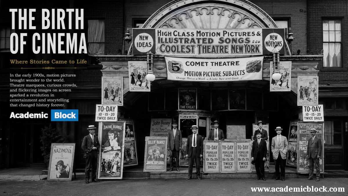 A vintage movie theater filled with early film posters and patrons captures the excitement surrounding the birth of cinema in the early 20th century.
