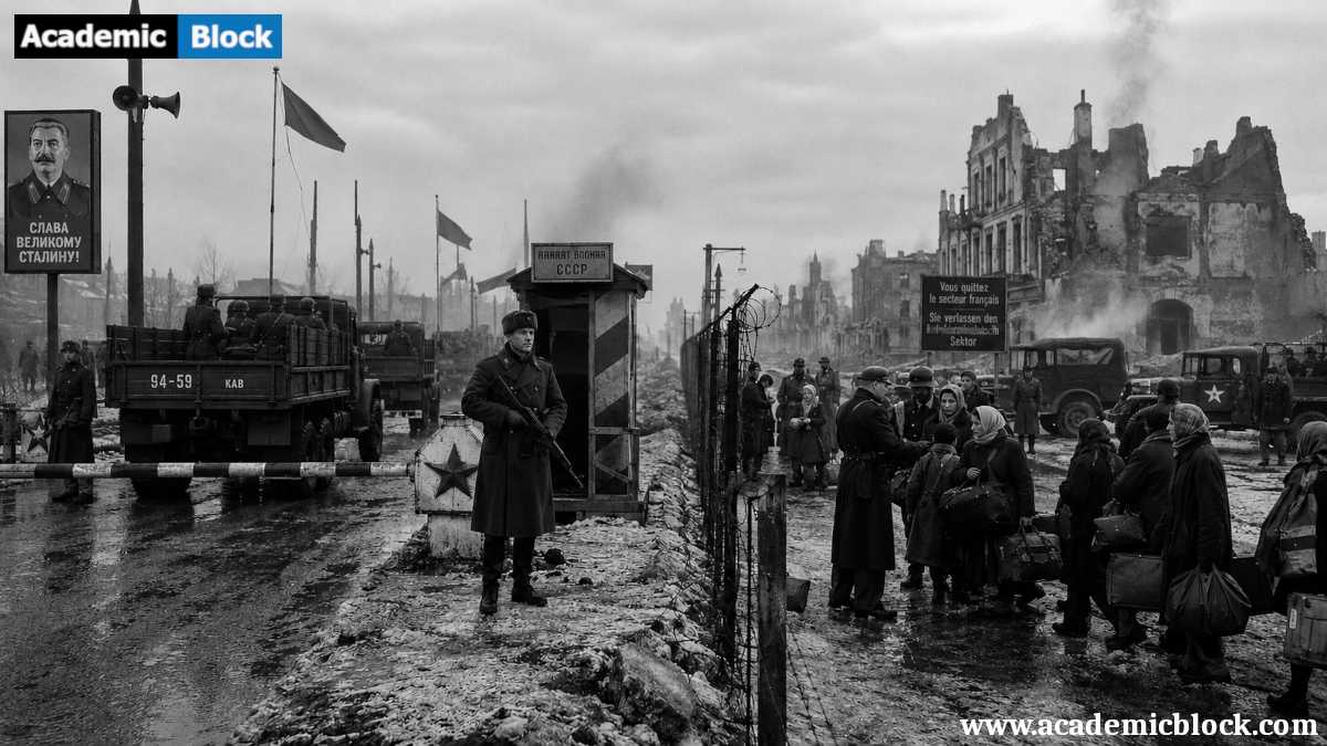 Scene of Cold War Europe divided by ideology, with Soviet guards on one side and displaced civilians among ruined buildings on the other.