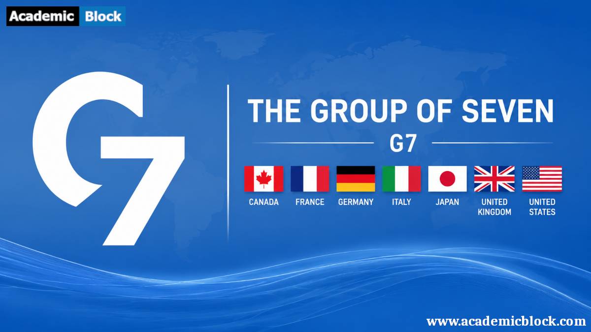 G7 banner with member countries’ flags on a blue world-themed background.