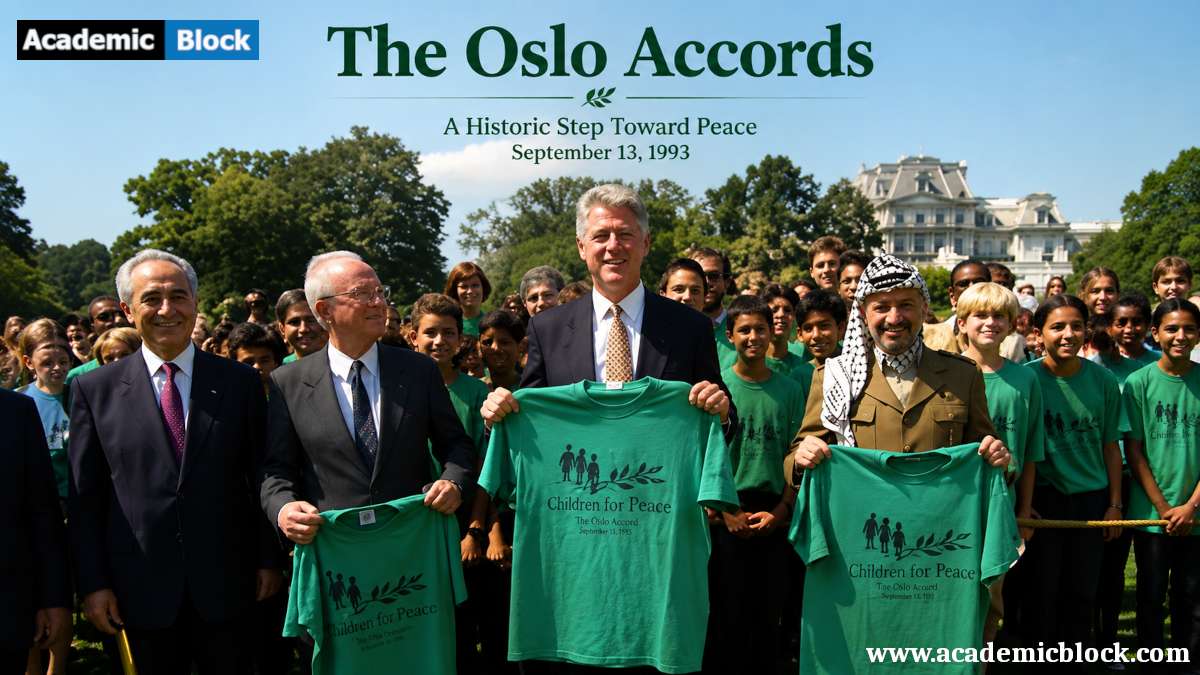 World leaders at the Oslo Accords ceremony holding “Children for Peace” T-shirts.