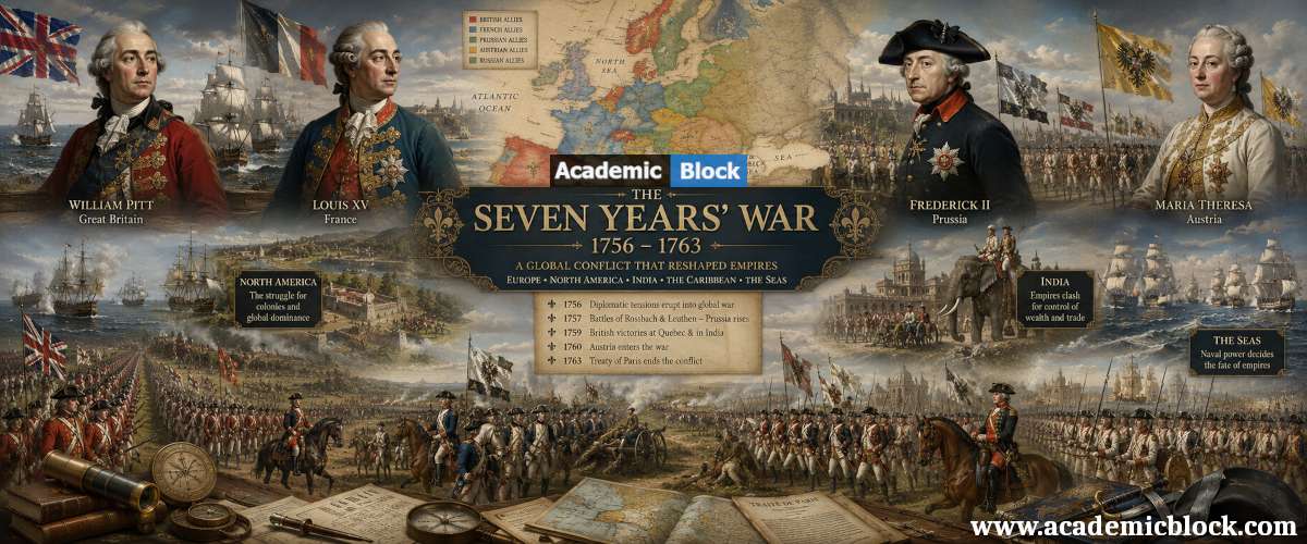 Historical montage of the Seven Years’ War, featuring military leaders, antique maps, naval fleets, and marching armies in a detailed documentary-style composition.