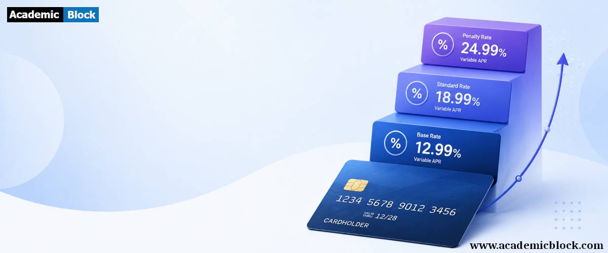 Credit card with a three-tier interest rate structure showing base, standard, and penalty APR levels, illustrated as ascending blocks with an upward growth arrow