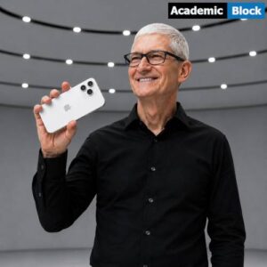 Tim Cook holding a gray smartphone in a modern showroom, highlighting Apple and rising tech costs.
