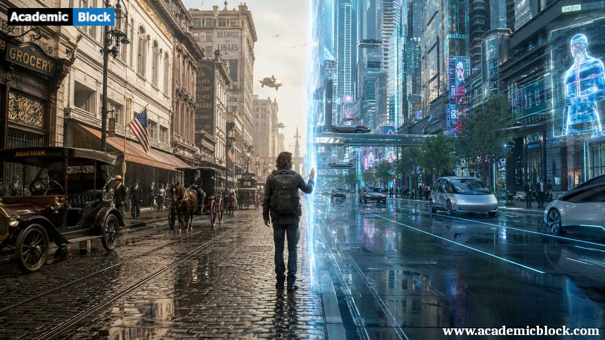 A split-era city street shows 1920s life on the left and a futuristic 2120 city on the right, with a time traveler standing at the glowing boundary.