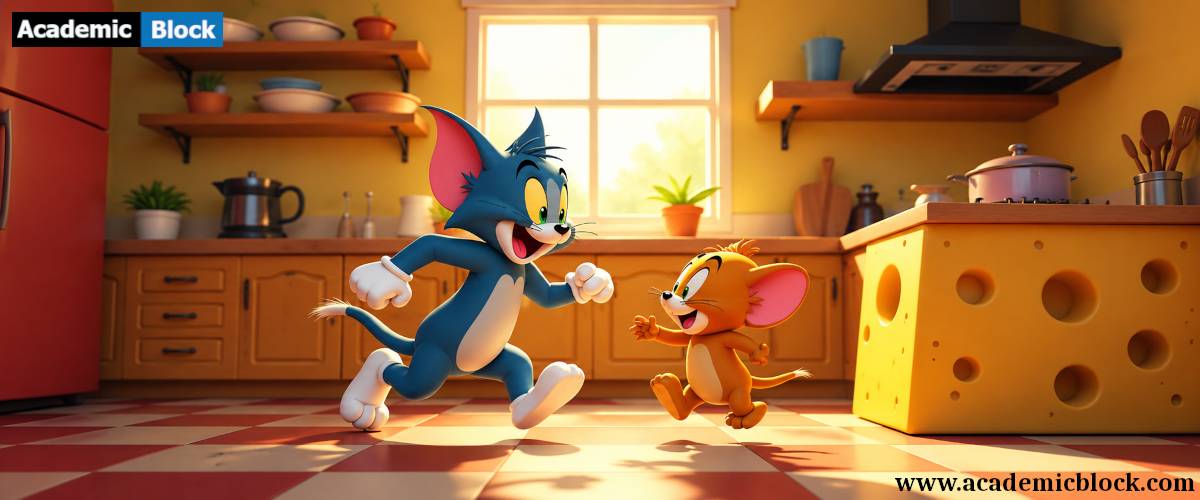 Tom and Jerry chase each other joyfully across a sunlit kitchen, their playful antics bringing life to the timeless cartoon classic Tom and Jerry.