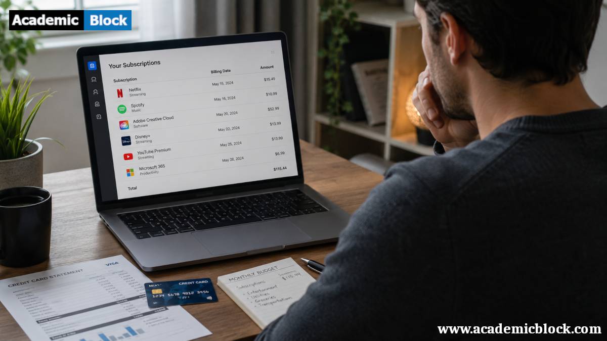 A person reviews recurring subscription charges on a laptop, tracking autopay expenses linked to a credit card in a home office setting.