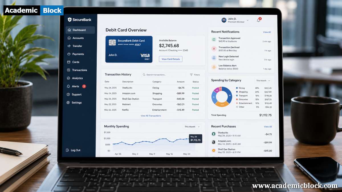 A realistic laptop dashboard shows debit card transactions, spending categories, and a monthly spending chart.