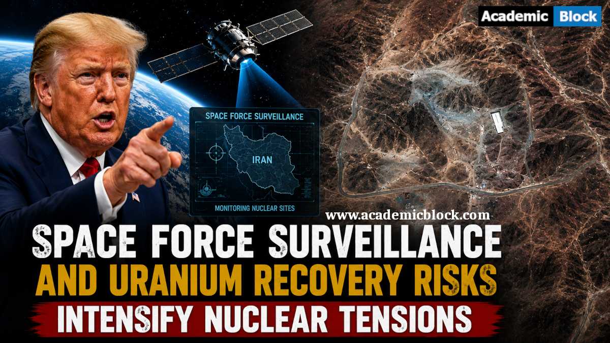 Image shows Donald Trump pointing in the foreground beside a satellite surveillance view over Iran’s mountainous nuclear site.