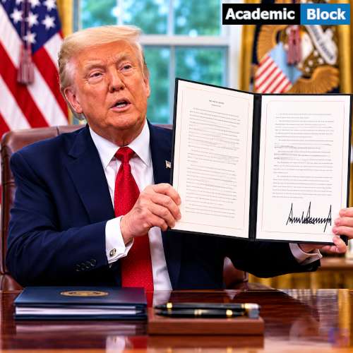 Donald Trump holding up an open signed document with a visible signature, with U.S. flags and official government emblems in the background.